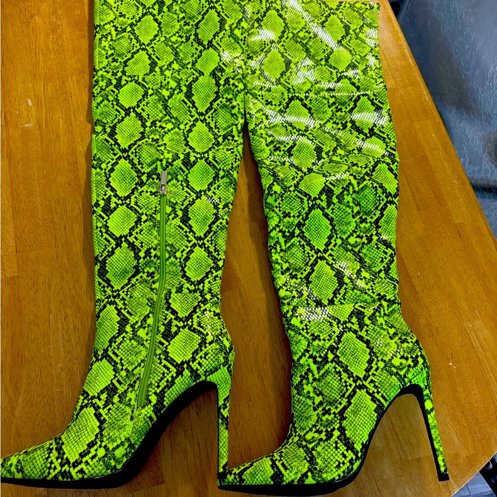Thigh High Neon Green Snakeskin Stiletto Boots - Picture 5 of 5